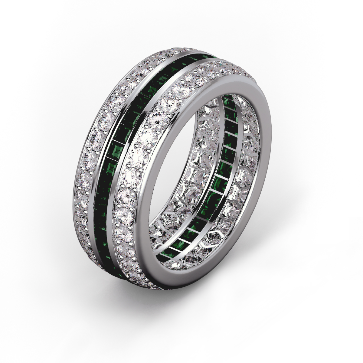 White-gold eternity band with channel-set baguette emeralds flanked by diamond pavé